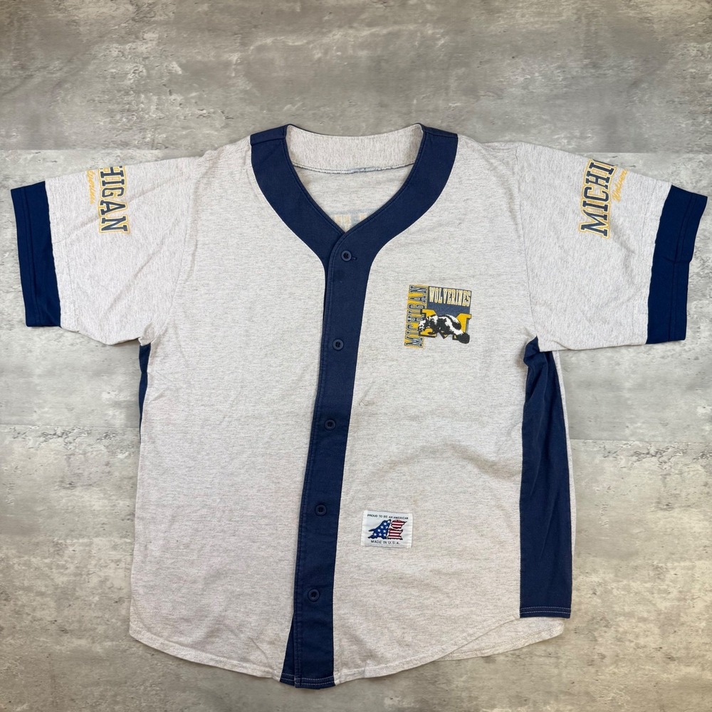 Vintage Michigan Wolverines Baseball Jersey XL Gray Navy Button Up Made in USA